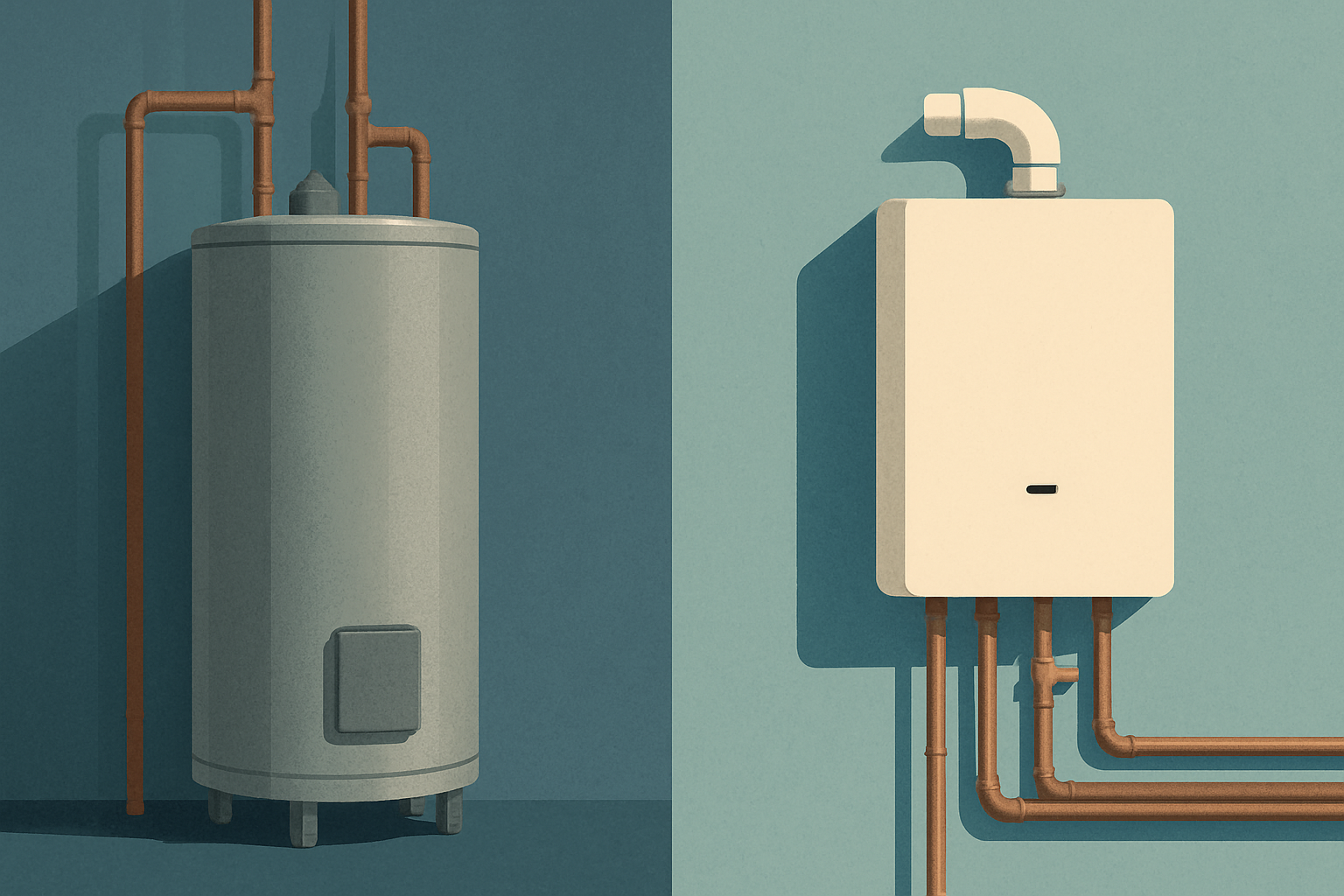 Split scene comparing an old tank water heater and a new wall-mounted tankless unit